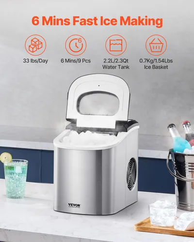 Vista 2 de VEVOR Máquina de hielo para encimera, 9 cubos listos en 6 minutos, 33 libras en 24 horas, máquina de hielo portátil autolimpiante con cuchara