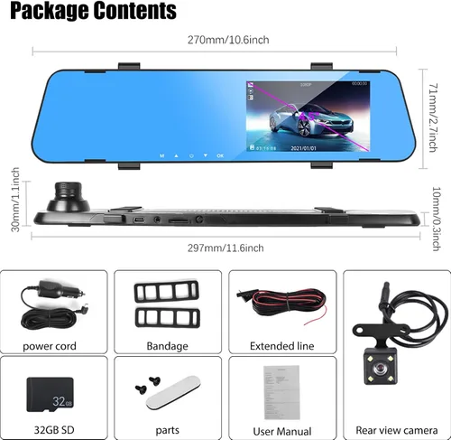 Vista 7 de Cámara de salpicadero de espejo para automóviles, espejo retrovisor de 4.5 pulgadas, 1080P cámaras duales de visión frontal y trasera, súper visión