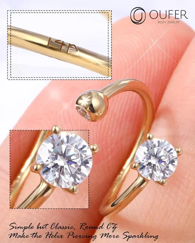 Vista 4 de OUFER Aretes de hélice torcida de 16G, anillo de labios de circonita cúbica transparente en forma de corazón de oro sólido de 14 quilates, joyería