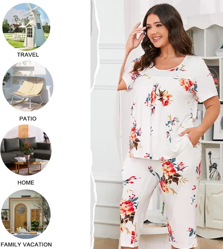 Vista 5 de POPYOUNG Conjunto de pijama de verano para mujer, 2 piezas, ropa de descanso, capri con bolsillos, ropa de dormir