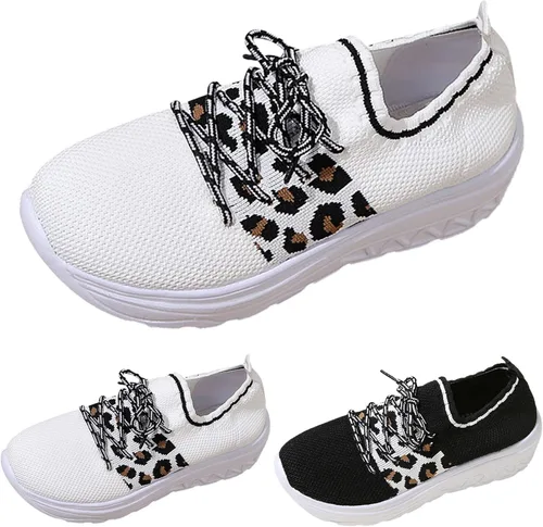 Vista 2 de Zapatos deportivos para caminar para mujer, con plataforma de espuma viscoelástica, de moda, con estampado de leopardo, de malla, transpirables