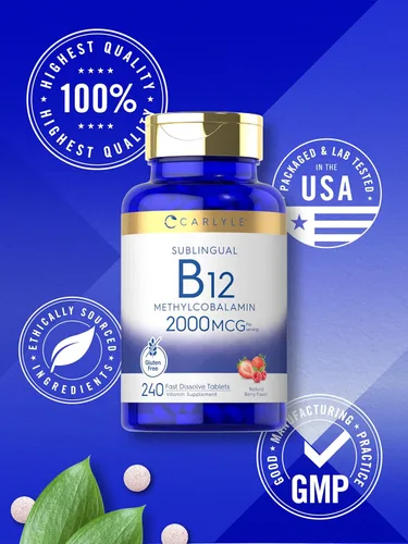 Vista 6 de Carlyle Vitamina B12 de 2000 mcg 240 tabletas de disolución rápida Metilcobalamina sublingual Sabor a bayas Suplemento vegetariano, sin OMG