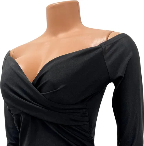 Vista 5 de Elainone Vestido midi entallado de manga larga con hombros descubiertos para mujer, vestido de invitada de boda, elegante, cóctel, fiesta, club