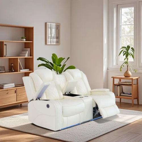 Vista 23 de Silla reclinable eléctrica, sofá biplaza, sofá para sala de estar, cómodo asiento de cuero transpirable para cine en casa con puertos de carga USB