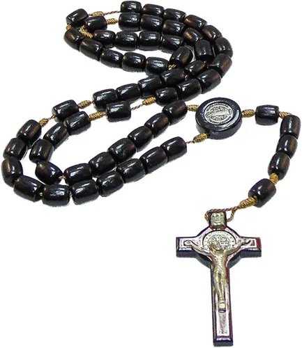 Vista 3 de Catholica Shop Collar de cruz de plata con cuentas de madera Rosario I Religious Wear Saint Benedict I Collar de cruz negra para hombres y mujeres I