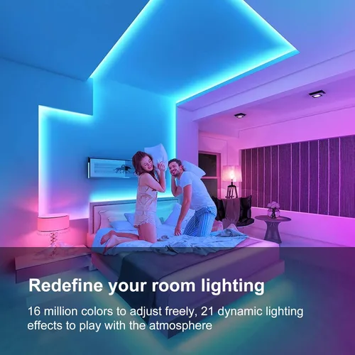 Vista 3 de Luces LED de 100 pies para dormitorio, luces LED RGB Bluetooth sincronizadas con música, aplicación inteligente y control remoto, tiras de luz LED