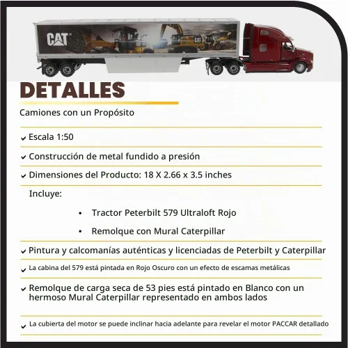 Vista 4 de Diecast Masters Tractor Ultraloft Caterpillar Peterbilt 579 a escala 1:50 con remolque mural CAT Serie de transporte Cat Trucks & Construction