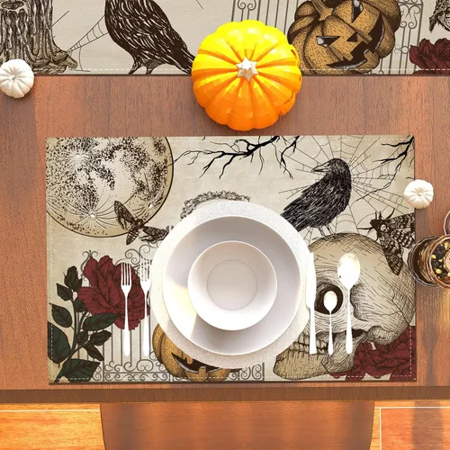 Vista 7 de Manteles individuales retro de Halloween, diseño de calavera gótica, Día de los Muertos, decoración y suministros de Halloween para la mesa