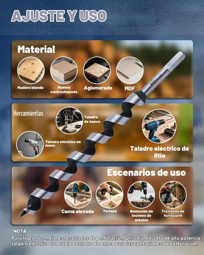 Vista 5 de Juego de brocas de taladro de 12 pulgadas para madera, 6 brocas largas de 1/4 a 7/8 pulgadas, brocas de punta de tornillo de alimentación automática