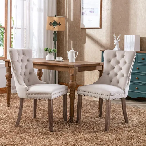 Vista 4 de Juego de 2 sillas de comedor con respaldo de ala de terciopelo copetudo, sillas laterales tapizadas, patas de madera maciza (beige)
