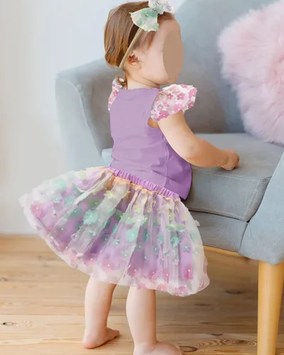Vista 3 de Viworld Conjunto de falda para bebé niña pequeña, camiseta de manga con volantes, falda de tul con diadema, 3 piezas, vestido tutú para fiesta