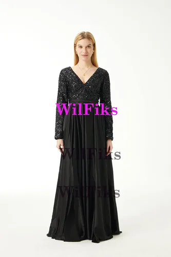 Vista 8 de WilFiks Vestidos formales de manga larga para mujer, vestido largo de satén con lentejuelas, vestido de baile de graduación, vestido de dama