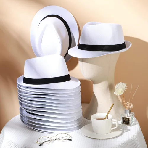 Vista 5 de 16 sombreros de los años 20 a granel para hombres de ala corta Panamá sombreros para hombres y mujeres, disfraz de fiesta, circunferencia 23.6 in