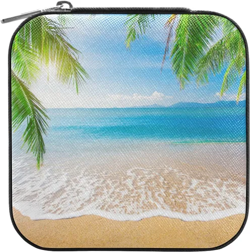 Vista 2 de Emelivor Joyero de viaje con palmera de playa, de piel sintética, portátil, organizador de joyas de viaje, pequeño joyero para aretes, anillos