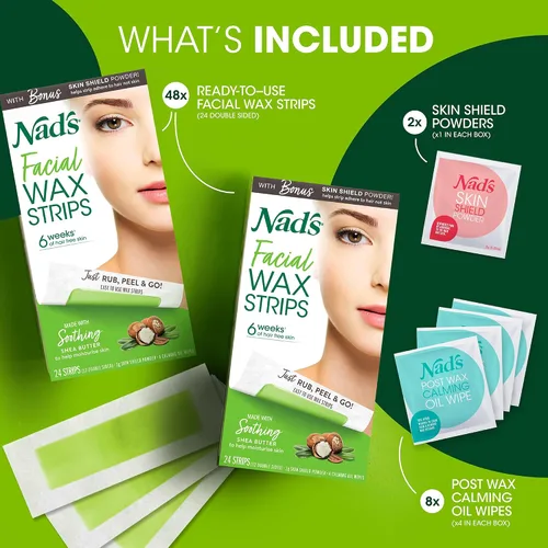 Vista 2 de Nad's Tiras de cera facial, depilación facial para mujeres, kit de depilación con 48 tiras de cera facial + 8 toallitas de aceite calmante + polvo