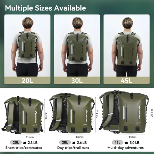 Vista 5 de MARCHWAY Mochila impermeable con parte superior enrollable, bolsa seca flotante de 20L/30L/45L con base rectangular ergonómica, espalda acolchada
