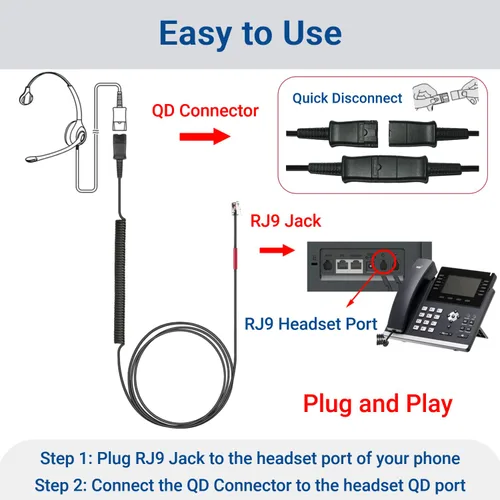 Vista 7 de Adaptador U10P-S RJ9 a QD HIS Cable para auriculares de desconexión rápida Plantronics Cable de bobina compatible con Yealink T20P T21P T26P T23G
