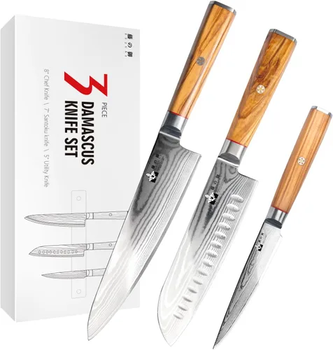 Vista 12 de Juego de cuchillos y tenedores para carne de pavo – Juego de 2 con cuchillo de corte de Damasco de 9 pulgadas y tenedor de 6 pulgadas – Acero Juego