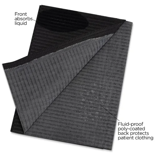 Vista 2 de Practicon Paquete de 125 Baberos Desechables Negros para Pacientes, 18" x 13", Hoja de Babero de Papel Impermeable de 3 Capas con Respaldo