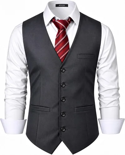 Vista 10 de Chalecos formales de negocios para hombre, 5 botones, ajuste regular, chaleco para traje o esmoquin Negro