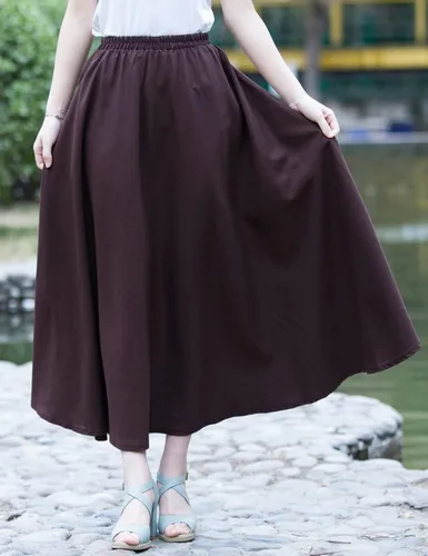 Vista 2 de AOTRIO Falda de algodón y lino para mujer, cintura elástica, larga, estilo retro, informal, con bolsillos