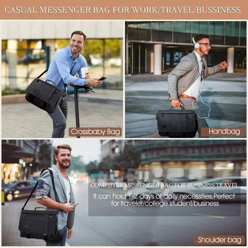 Vista 7 de Bolso de Mensajero de 17.3 Pulgadas para Hombre: 2 Piezas Bolso para Laptop de Cuero PU y Tela de Lona Maletín de Trabajo Grande para Oficina