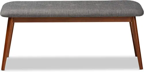 Vista 3 de Baxton Studio Flora II Mid-Century - Banco de comedor de madera con acabado de roble medio, tapizado de tela gris oscuro