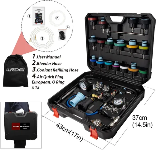 Vista 2 de LLNDEI - Kit de probador de presión del radiador de refrigerante 28 piezas, probador de presión del radiador, sistema de purga al vacío neumático