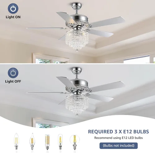Vista 8 de Ventilador de techo de cristal con luces, ventilador de candelabro moderno con control remoto, ventilador de techo cromado reversible, lámpara