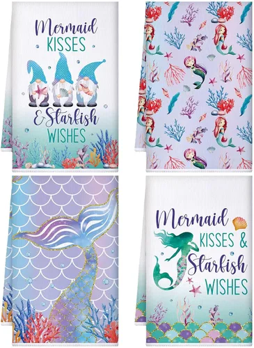 Vista 9 de Bencailor 4 Piezas Toallas de Cocina Decorativas Absorbentes 24 x 16 Pulgadas Toallas de Mano de Té Baño Sirena Mariposa Mármol Regalo para Cocina