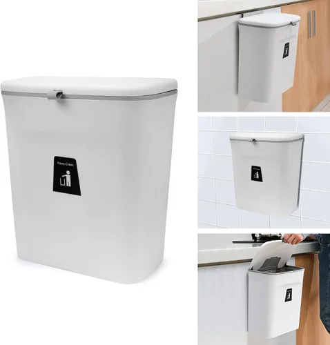 Vista 8 de Domiella Cubo de basura colgante de 2.4 galones con tapa, cubo de basura de cocina para encimera o debajo del fregadero, contenedor de basura Gris