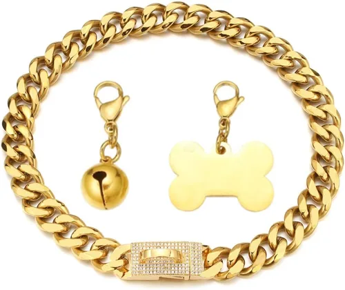 Vista 7 de Collar de oro para perro de 18 quilates, cadena de eslabones cubanos de 0.591 in/0.748 in de ancho, a prueba de mordidas, fuerte entrenamiento