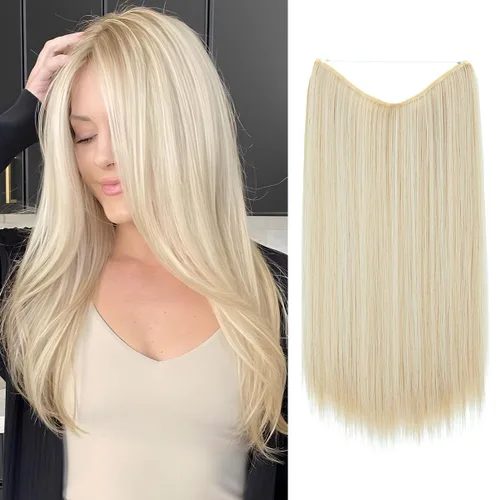 Vista 11 de SARLA Extensiones de cabello con alambre invisible de reflejos cortos rectas postizos sintéticos diadema transparente ajustable para mujeres 14
