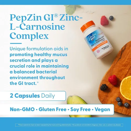 Vista 5 de Doctor's Best PepZin GI, complejo de zinc-L-carnosina, sin OMG, vegano, sin gluten, sin soja, soporte digestivo, 120 cápsulas vegetales