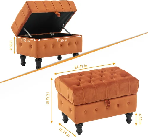 Vista 6 de Mesa de Centro Otomana de Almacenamiento Rectangular, Reposapiés Otomana de Dormitorio con Tapicería de Terciopelo Abotonado Capitoné para Sala
