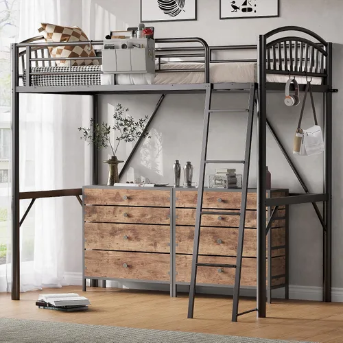 Vista 3 de Decofy - Cama elevada de metal tamaño individual, cama elevada con cajón lateral, escalera convertible y barandillas de seguridad de longitud