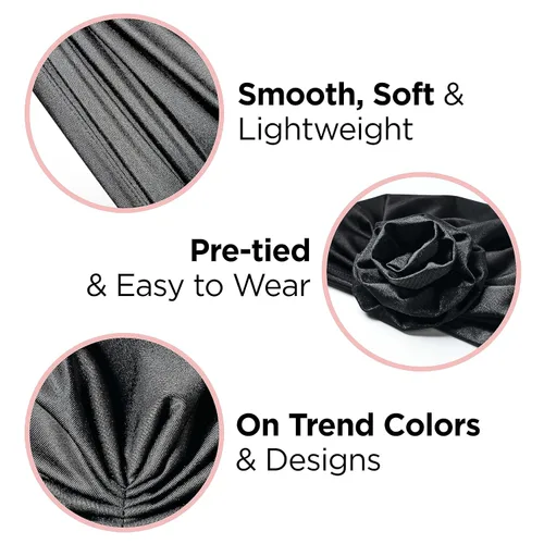 Vista 5 de KISS COLORS & CARE Turbante preatado con nudo superior, negro, elegante, elástico y suave para dormir, máxima protección del cabello, minimiza