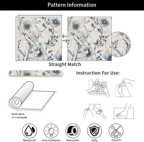 Vista 7 de Papel Pintado Floral Plateado Gris/Azul/Blanco Flores de Amapola de Despegar y Pegar Papel de Contacto Fácil de Despegar Papel Adhesivo para Pegar