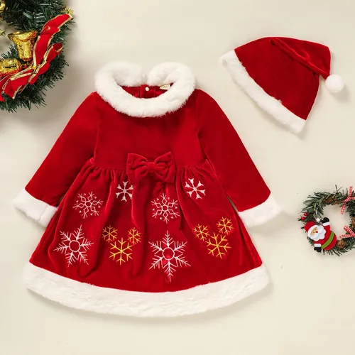 Vista 2 de GRNSHTS Toddler Baby Girl Christmas Dress Velvet Santa Long Sleeve Dress with Hat 2PCS Xmas Costumes