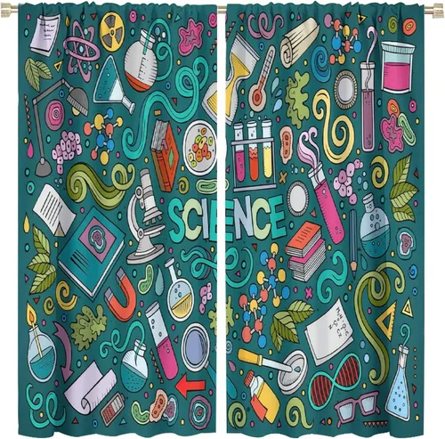 Vista 76 de Cortinas opacas para ventanas de ciencia para niños, lupa de libro de laboratorio de ciencia, lupa, frascos moleculares, cortinas impresas