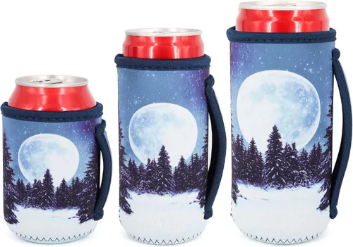 Vista 29 de 3 Pack de fundas aisladas reutilizables de neopreno con asa para soda, bebida energética, refresco, cerveza, seltzer duro, fundas para latas de 12