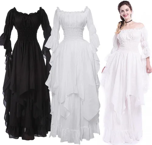 Vista 4 de Vestido victoriano para mujer, disfraz medieval vintage, manga abombada, hombros descubiertos, vestido de princesa renacentista alto y bajo