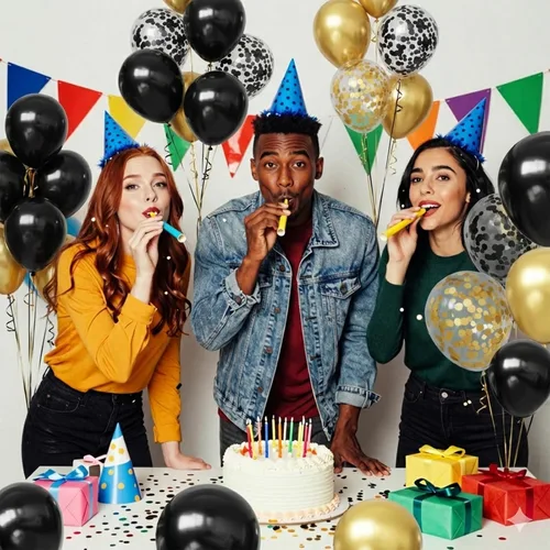 Vista 5 de Hiquaty Globos negros y dorados, 60 globos negros, globos dorados de 12 pulgadas, globos de confeti negro y dorado con cinta dorada para decoración