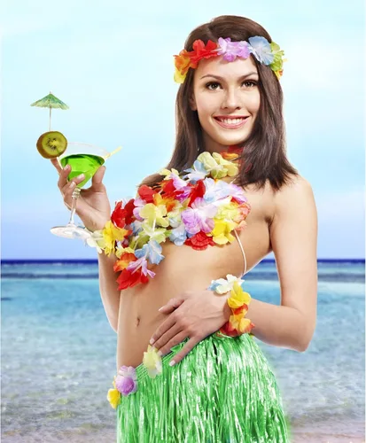 Vista 7 de Juego de 3 faldas de hierba para niños y niñas, falda elástica hawaiana de hierba con flores Leis para Luau Party Costume Set, Multicolorido