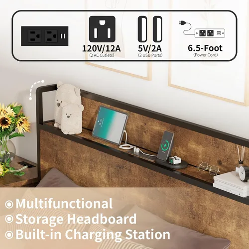 Vista 5 de LUXOAK Cama de almacenamiento elevable de tamaño matrimonial, marco de cama de plataforma de madera con cabecera de almacenamiento y estación