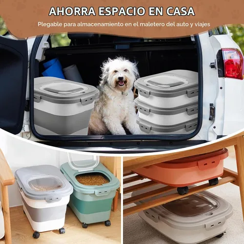 Vista 5 de SEWIU Contenedor de Almacenamiento de Comida para Perros 2pack*20LB, Contenedor Plegable de Comida para Perros con Cuenco de Silicona de Viaje