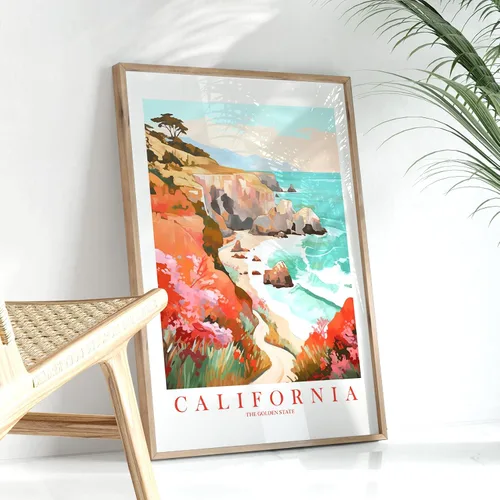 Vista 8 de ColorAndFlair California Travel Print Golden State Souvenir CA Nature Teal Orange Red Wall Art Coastal Landscape Retro Poster (8x10 inches)