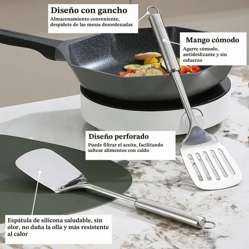 Vista 5 de Juego de espátulas de acero inoxidable, espátula ranurada plateada, espátula de cocina resistente, resistente al calor, utensilios de cocina ideales