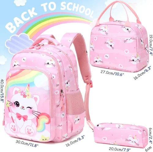 Vista 33 de Juego de mochila para niñas y adolescentes, mochila escolar para niños con bolsa para el almuerzo, estuche para lápices, mochilas escolares