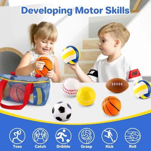 Vista 5 de Pelotas de juguete de regalo para niños pequeños de 3, 4, 5 años, 6 pequeñas bolas deportivas de espuma para bebé con pelota de fútbol soccer